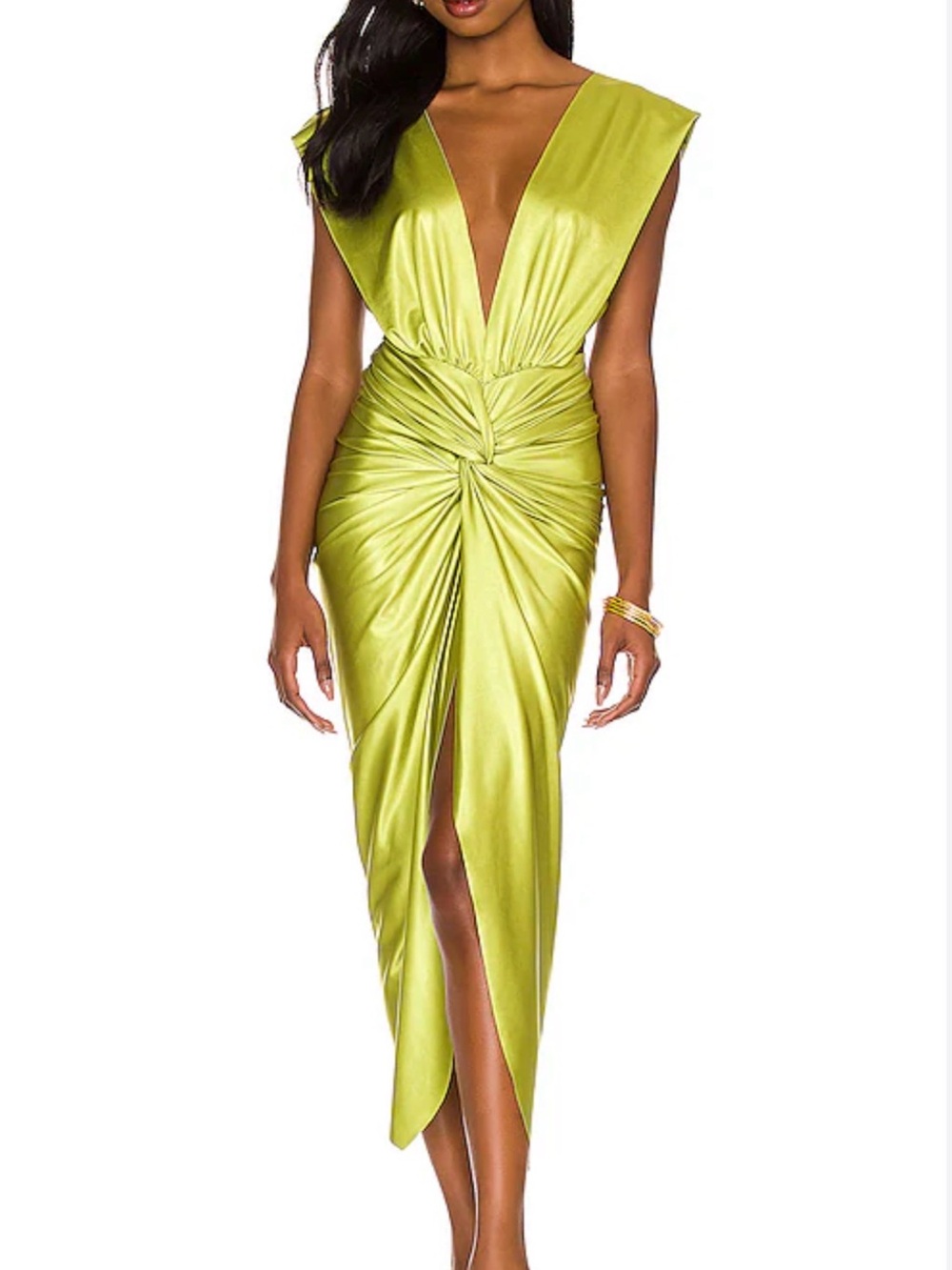 Baobab Collection Lime Satin Twist-Front Deep V Midi Dress